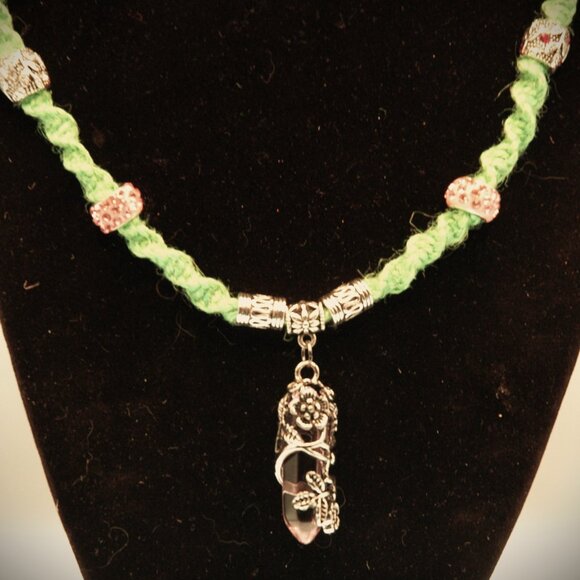 Flower Wrapped Pink Quartz Hexagon on a 19" Handmade Green Hemp Chain - Picture 1 of 6